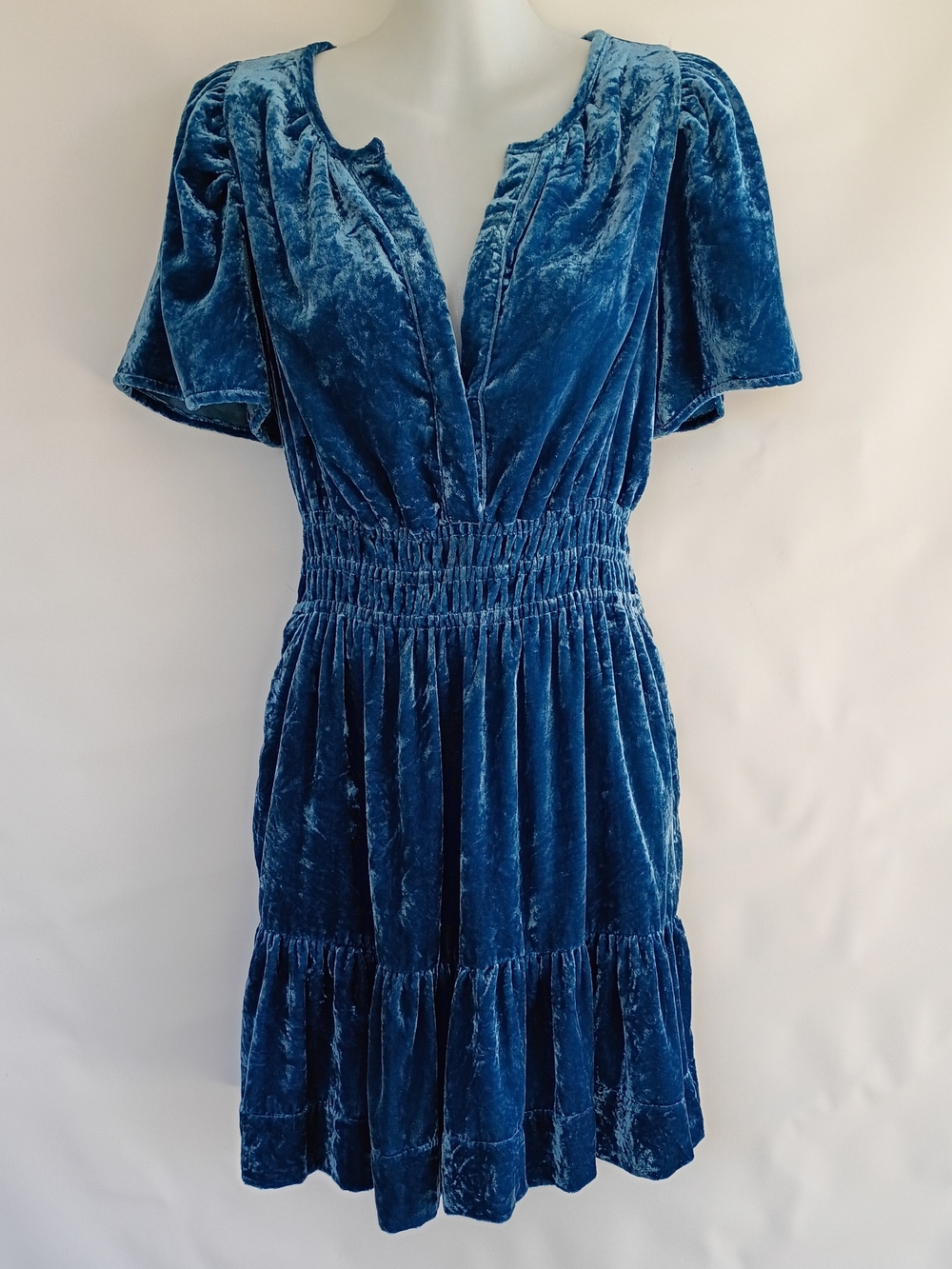 Anthropologie Somerset Mini Dress Tiered Blue Velvet V-Neck Fairy Grunge Small - Picture 11 of 15